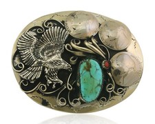 Navajo Belt Buckle .999 Nickel Buffalo Gemstone Signed Squaw Wrap 2.5x3.0in C80s picture