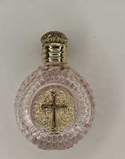 Holy Water Bottle-rose glass-pressed motif of Holy Cross- brass plated picture