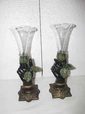 Vintage Matching Pair Petit Choses Metal Hand Bud Vases or Candle Holders picture