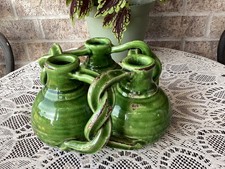 RARE MCM Glaze Green Pottery triple Vase/Planter picture