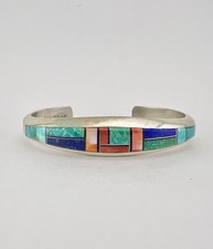 Vtg Phillip Sanchez Navajo Sterling Silver Multi Gemstone Flush Cuff Bracelet #2 picture