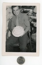 Vintage 1940's photo / Cute US Army SOLDIER Named Larry Holds His BIRTHDAY CAKE picture