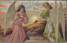 Antique Easter Postcard Angels Praying Cross Embossed Gilt Unposted 1910s picture
