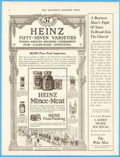 1915 Heinz 57 Kitchen Mince Meat Plum Pudding India Relish Olive Oil Food Ad picture