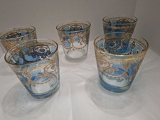 Vintage Set Of 5 Culver  Low Glasses 22K Gold/Blue Azure Scroll Pattern RARE picture
