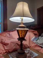 Vintage 1970s Early American Amber Glass Lantern Table Lamp Turned Wood Brass picture