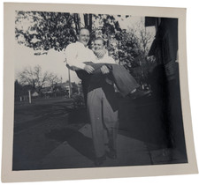 Vintage B&W Snapshot Photo Two Men Carrying Pose Vernacular 3.5x3.5 picture
