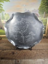 VTG Aluminum Scalloped Edge  Etched Rooster Design Serving Platter, 14.5