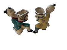 Vtg Antique Chinese Hand Painted  Ceramic Boy Girl Kneeling Basket  Figurines picture