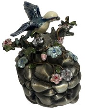 STUNNNIG VTG Pewter Crystal Bird Flowers Trinket Box Enameled SO PRETTY picture
