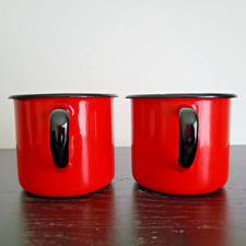 Vtg Red Enamelware Mugs Set of 2 Black Trim Huta Silesia Poland Rustic Camping picture