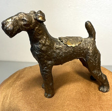 Vtg Terrier Dog Cast Bronze  Figurine Statue Solid Metal Toledo Skyline Badge picture