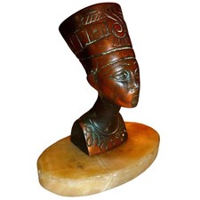 Vtg Egyptian Revival Bronze Brass Nefertiti Bust Sculpture Alabaster Onyx Base picture