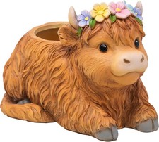 Spoontiques Highland Cow Flower Pot Hand Painted Resin Planter picture