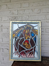 Religious stained glass madonna window plaque framed signed THOMAS 97 picture
