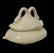 Lefton Double Swan Handled Porcelain Sugar Bowl With Lid Vintage Midcentury MCM picture