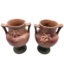 Pair Roseville Pottery 150-6 INCH Columbine Pedestal Vase Green Pink Two Handle picture