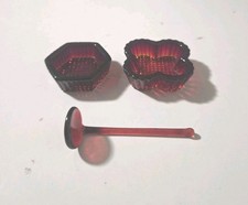 Vintage Amberina Red Diamond Pattern Sawtooth Glass Salt Cellar Set 2 With Spoon picture