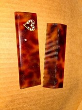 Vintage tortoise shell comb and case rhinestone heart picture