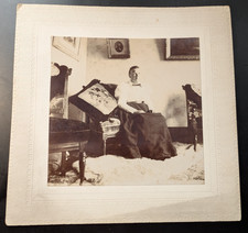 1890 CABINET CARD 5 1/2 x 5 1/2-Woman in living room/wind hit-nothing straight picture