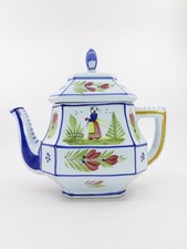 Henriot Quimper Mistral Blue Octagonal Teapot 5 Cup Featuring Lady picture