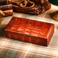 Handsome Antique Victorian Brown Alligator Leather Jewelry Trinket Box picture