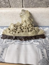 Hand Carved SoapStone Asian Village Sculpture Wood Base 6 x 5 picture