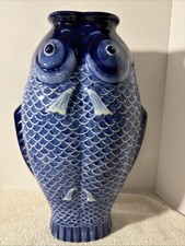 Bombay Vintage Chinoiserie Style Blue & White Ceramic Kissing Koi Fish Vase 14