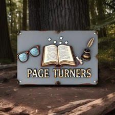 Metal Book Lovers Wall Art Sign - Open Book, Glasses & Pen with Page New 12x8 picture