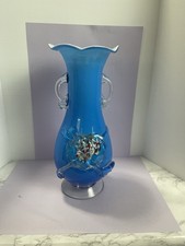 Vintage Handmade Floral Blue Red Glass Pontil Mark Flower Vase Decorative picture