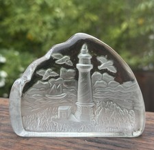 Vintage Reverse Etched Clear Glass Paperweight Lighthouse, Ocean Approx 4.5” picture