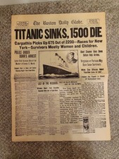 The Boston Dayly Globe Titanic Sinks Newspaper  Multiple News Reproduction 1912 picture