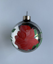Vintage Heim Xmas Ornament Hand Painted Rose on Silver 2.75