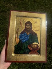 Saint John the Baptist Orthodox Icon Raised Wood 18kt Gold Leaf picture