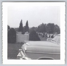 1950s Classic Car Hood Tweedle Cemetery Graveyard Vintage B&W Photo Snapshot picture