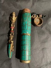 Wonderful Tibetan Brass Hand Made Buddhist Artifact W/Turquoise Wrappe Brass Box picture