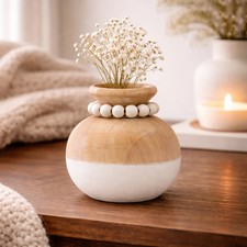 Round Wood Vase with Bead Necklace 5.5