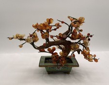 Vtg Chinese Gemstone Bonsai Tree  Amber & Cream Agate Blossoms,Ornate Floral Pot picture