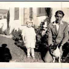 c1930s Handsome Man Suit Boston Terrier Dog Cute Child Stucco House Snapshot Vtg picture