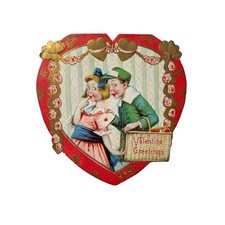 Antique Valentines Day Card Girl Boy Gold Metallic Art Deco Vintage Germany picture
