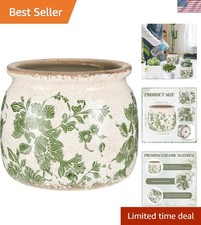 Vintage Planter Large Ceramic Plants Pot Beige Green Vintage Floral Ice Crack... picture