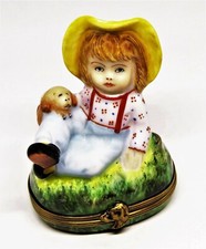 LIMOGES FRANCE BOX - CHAMART - FARM CHILD & DOG - PUPPY - PINK FLOWER INSIDE picture