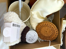 Lot of 6 Gift Box: Journal, Tin Candle, Cozy Socks, Pen, Bowl, Pillow & Coaster picture