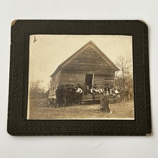 Antique Group Photograph On Board Leaning House Church Man Woman Dog Odd picture