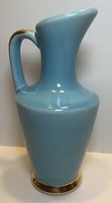 VTG American Art Pottery Blue with Gold Gilt 6.5” Ewer/ Pitcher/ Vase USA 210 picture