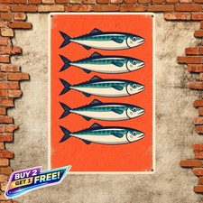 Five Blue Sardines Metal Sign Vintage Seafood Kitchen Tin Wall Art 8x12 picture