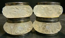 Vintag Set of (4) William Adams Frosted Crystal Rose Silverplate Napkin Rings VG picture