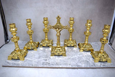 Church Set- 6 Lightly Used Brass Candlesticks with Matching Altar Cross (#804) picture