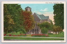 Greenville Mississippi Court House Stone Building Gardens Linen Postcard picture