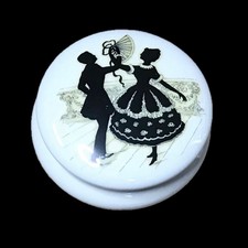 Vintage Courting Couple Silhouette Vanity Dish Trinket Box White Black France picture